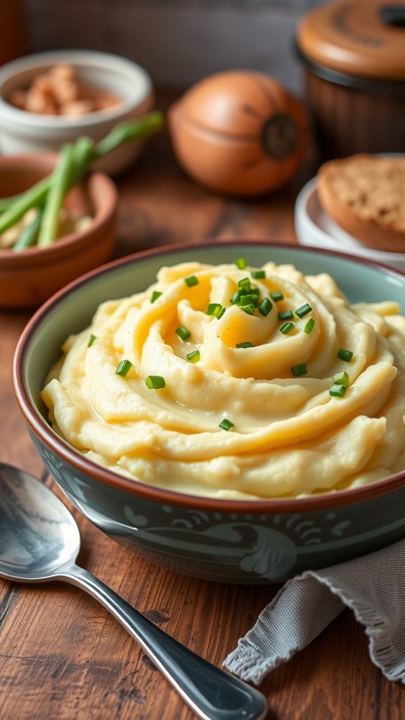 Creamy mashed turnips in a bowl, garnished with chives, on a rustic wooden table.